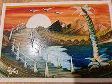 Vintage Hand Painted Ceramic Sunset Seascape Tile Artwork Signed Wall Decor Art