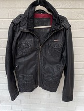 SUPERDRY Jacket Mens Large Black Brad Leather Biker Racer Motorcycle Full Zip