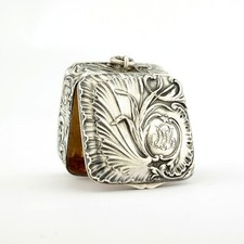 Ornate Antique French Solid Sterling Silver Pill Box Snuff or Case. Ca. 1900.