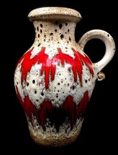 Vintage West German Scheurich Pottery Fat Vase / Large Size Jug / Red / White