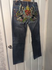 Mens rare Christian Audigier Ed Hardy Designer Heartbreak Jeans. 34 