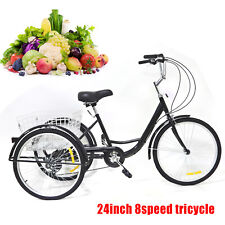 24 Inch Adult Tricycle Trike Bike 8-Speeds 3-Wheel Bicycle W/Folding Back Basket