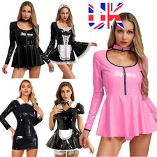 UK Women Wetlook French Maid Cosplay Costume PVC Leather Dress Apron Outfits