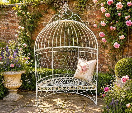 Rustic cream arbour arch - cream, bench