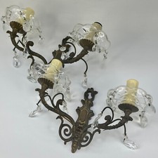 ANTIQUE FRENCH PAIR OF ORNATE BRASS ELECTRIC WALL SCONCES WITH CUPS & DROPLETS
