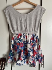 Striped and Floral Skater Dress, Summer T-Shirt Dress, Elastic Waist, Casual