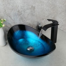 UK Handcraft Oval Blue Bathroom Glass Basin Vessel Sinks Black Mixer Taps Drain