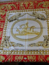 Versace Atelier Silk Scarf 34x34 Baroque Leopard Red Gold 100% Silk Italy