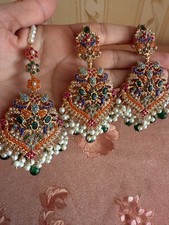 Indian Jewellery Earrings and Tikka Set_Green White Bridal Party Wear UK
