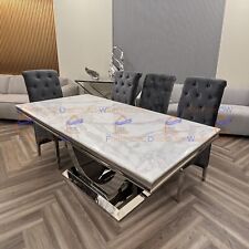180cm Arial Large White Marble Dining Table with 8 Grey Lion Velvet Chairs Set