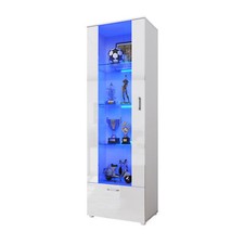White High Gloss Tall Display Cabinet Cupboard Storage Sideboard with LED Lights