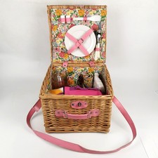 Vintage Wicker Picnic Basket - Pink Trim, Floral Lining, 2-Person Set