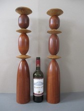Large Heavy Pair of Solid Wooden Floor Candlesticks Pillar Candle Holders ~ Teak