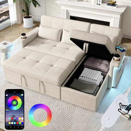 Beige shaped corner sofa bed - l,