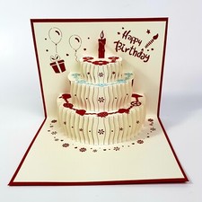 Happy Birthday 3D Cake Pop-Up Greeting Card RED Candle Balloons Gift w/Envelope