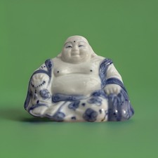Vintage Blue & White Porcelain Laughing Buddha Figurine – Made in China – 12 cm
