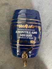 Large Vintage Porcelain Blue & Gold Sherry Barrel With Metal Tap Advertising 12"