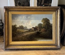 Large Antique Early 19th Century Oil Painting ‘Rural Scene with Fisherman’