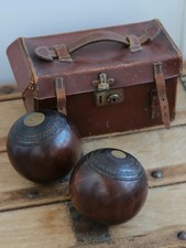 Antique Taylor-Rolph Lignum Vitae Lawn Bowls (Pair) – c.1920s – Original Box