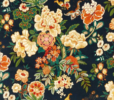 SANDERSON CURTAIN FABRIC  DESIGN Emperor Peony Velvet 2 METRES MIDNIGHT/APRICOT