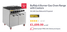 Buffalo 6 Burner Gas Oven Range with Castors