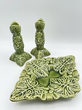 Vintage Green Majolica Cabbage Ware Lettuce Candlesticks And Plate Set