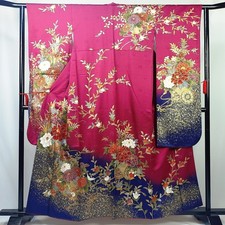 Vintage Japanese Silk Furisode Kimono – Purple & Navy with Gold Floral Design