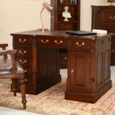 Small Solid Mahogany Pedestal Desk With Inlaid Brown Leather Top DSK002B
