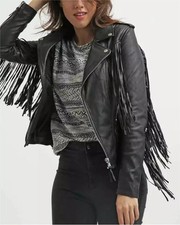 Women Western Native Style Black Leather Long Fringed Women Leather Jacket