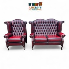 SAXON Oxblood Leather Chesterfield sofa and Queen Anne chair FREE DELIVERY