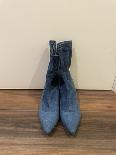 Denim heeled sock ankle boots - denim,
