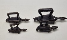 Set of 4 Antique Vintage Miniature Steel Cast Sad Flat Irons with Trivet Stands