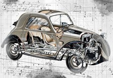 Line Tech Drawing  Fiat 500 Topolino  Car Classic Cutaway Art Poster Print