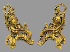 Pair Antique French Rococo Baroque Style Gilt Metal Fireplace Andirons Chenets