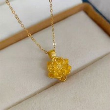 Real 24K Yellow Gold 3D Lotus Flower Pendant 18K Yellow Gold O Chain Necklace