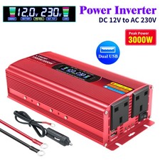 1500W/3000W Power Inverter DC 12V to AC 240V Converter 2USB 2Sockets LCD Red