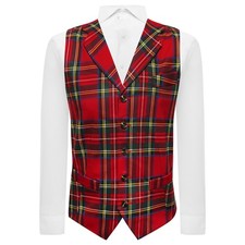 Traditional Red Tartan Check Waistcoat with Lapel, Scottish, Scotland