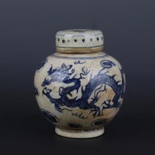 Chinese Yuan Blue and White Porcelain Dragon Pattern Pot Tea Caddy 5.51 inch