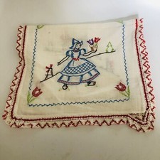 Hand Embroidered Long Dresser Scarf Linen Little Dutch Girl Tulips Red Edging
