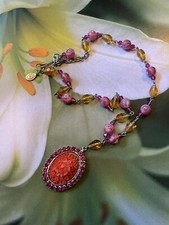 Tarina Tarantino Crystal Faux Coral Carved Floral Murano Pink Rose Bead Necklace
