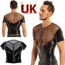 UK Men's Shiny PVC Leather Fishnet Tops Splice T-Shirt Short Sleeve Zipper Club