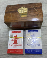 Wooden Playing Card Box/Chest  Brass Inlay Aces 2x new waddington playing cards