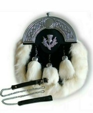  Full Dress White Leather Sporran Brass Cantle Scottish Kilt Wallet 3 Tasels W-B