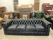Chesterfield Blue Real Leather Four Seater Sofa