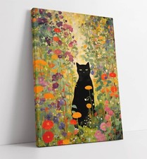 GUSTAV KLIMT BLACK CAT IN FLORAL GARDEN -DEEP FRAMED CANVAS WALL ART PRINT
