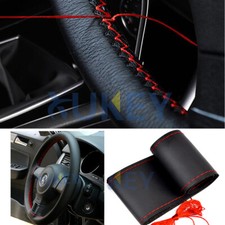 Red Thread Genuine Leather Sport DIY Car Steering Wheel Cover With Needles New