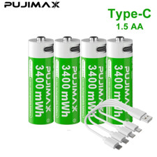 4pack USB AA Rechargeable Lithium Battery 1.5V 3400mWh Fast Charger Type C Cable