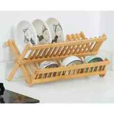 Folding Dish Drainer Pine Wood 2 Tier Cups Plates Rack Stand Kitchen 43x37x29cm
