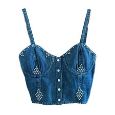 Vintage 90s Denim Bustier Corset Top Silver Stud Cowgirl Style UK 8–10 Party Y2K