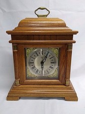 Vintage Elgin Quartz Westminster Chime Mantel Oak Wood Brass Clock Excellent